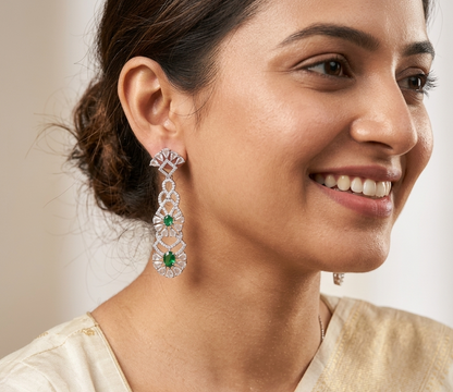 Green Stone Silver Plated Long Dangler Earring