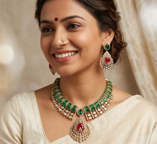 Emerald with Ruby Antique Gold Plated Necklace Set