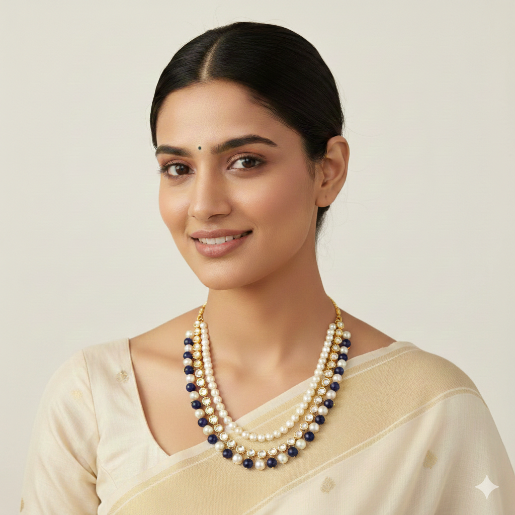 BLUE & WHITE PEARL WITH KUNDAN NECKLACE SET FOR WOMEN