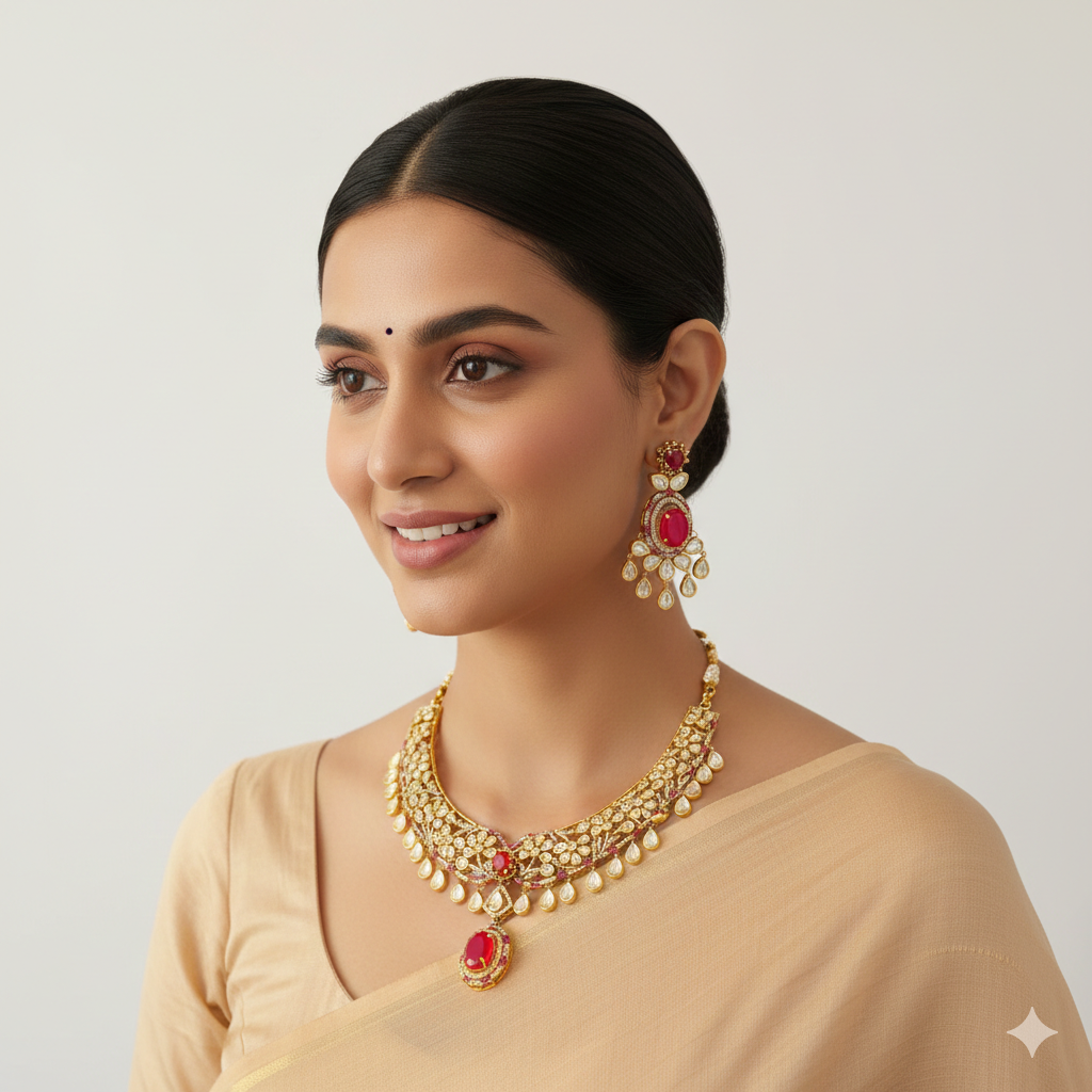 Ruby Gold Plated Kundan Necklace Set