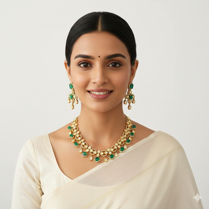 Emerald Gold Plated Kundan Necklace Set