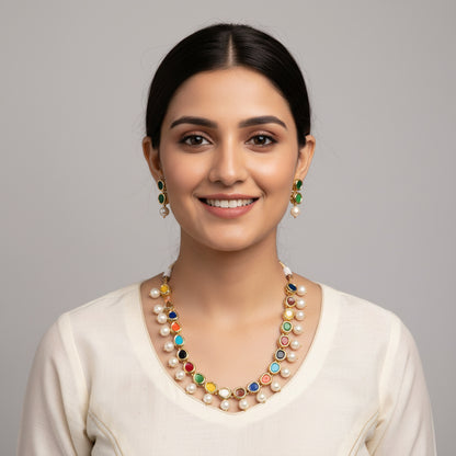 Navratni Kundan Pearl Party Wear Necklace