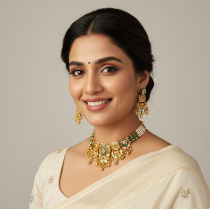 Antique Gold Plated Ruby and Emerald Chokar Set