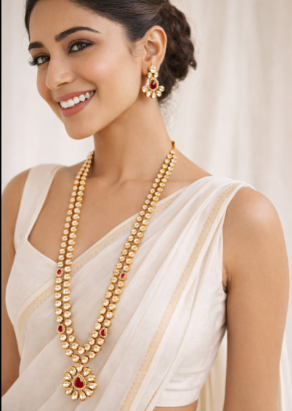 Ruby Kundan Polki Flower design drop Double layer Long Necklace Set