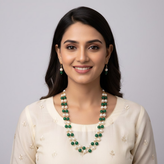 Emerald & Pearl Double Line Necklace