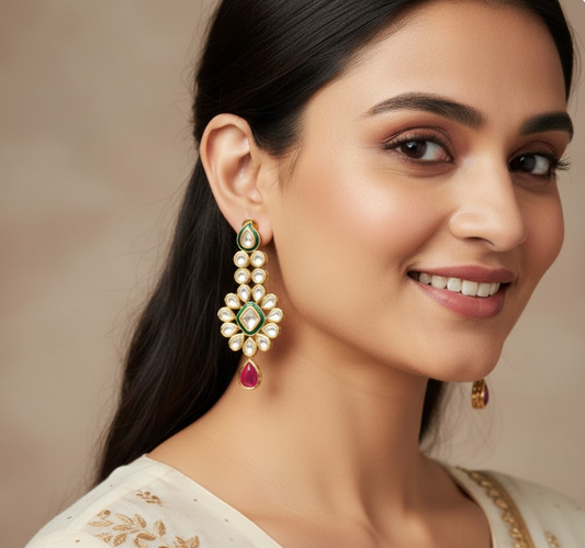 Kundan Gold Plated Ruby Drop Floral Earring