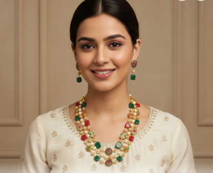 Emerald Ruby Three Layer with pearl string Necklace Set