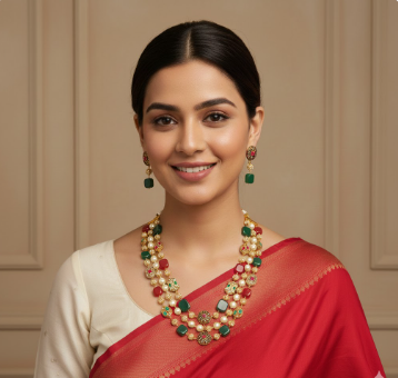 Emerald Ruby Three Layer with pearl string Necklace Set