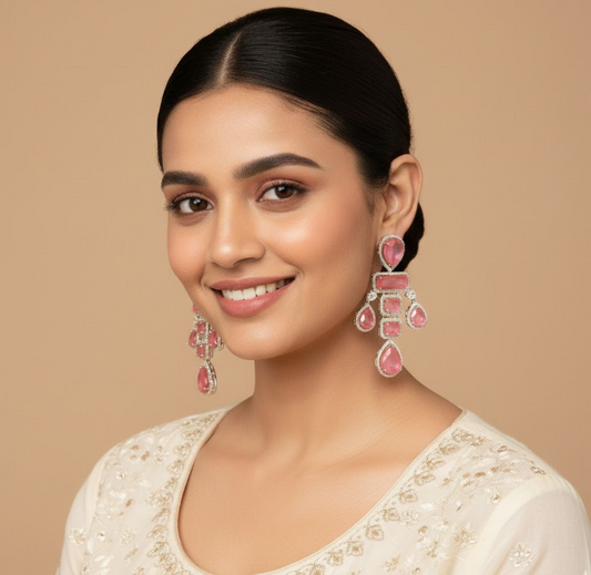 Silver Plated with Pink Stone Latest Design Earring