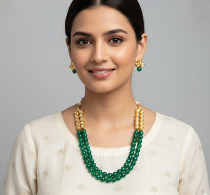Kundan Gold Plated With Emerald Stone Double String Necklace Set