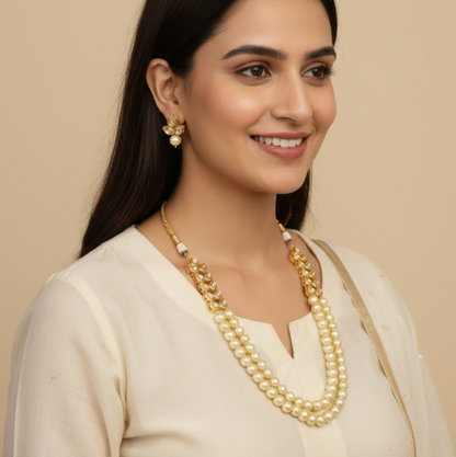Pearl Kundan Double String Necklace Set