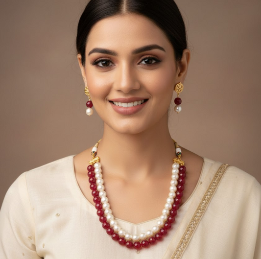 White Pearl With Red Stone  Double String Necklace