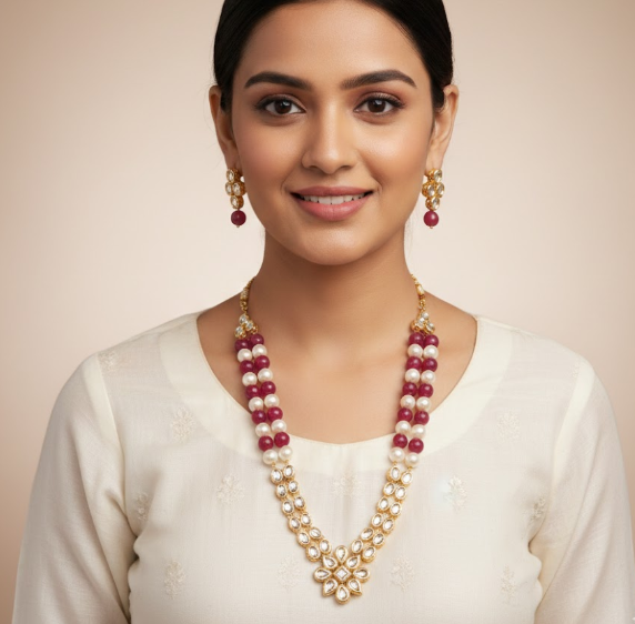 Kundan Pearl & Ruby Stone Necklace Set
