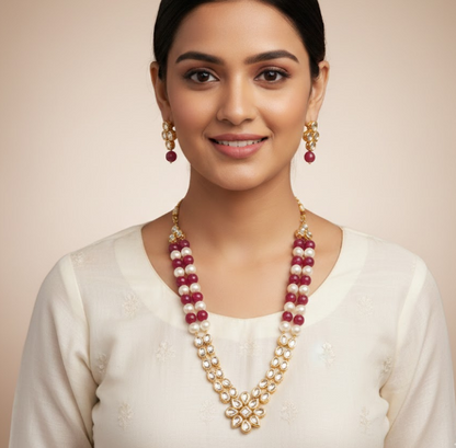 Kundan Pearl & Ruby Stone Necklace Set