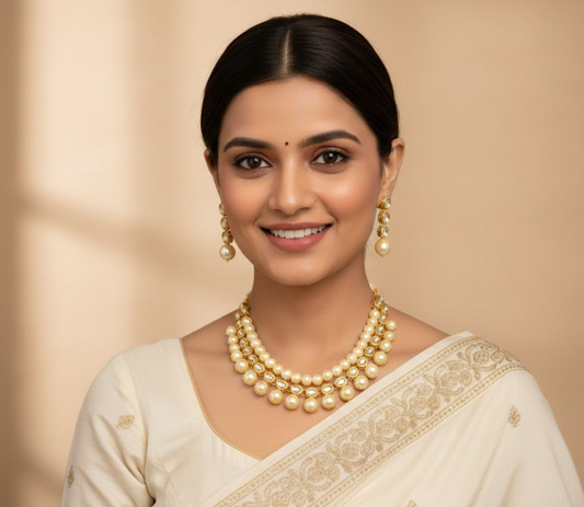 Kundan Gold Plated with Off White Pearl Necklace Set