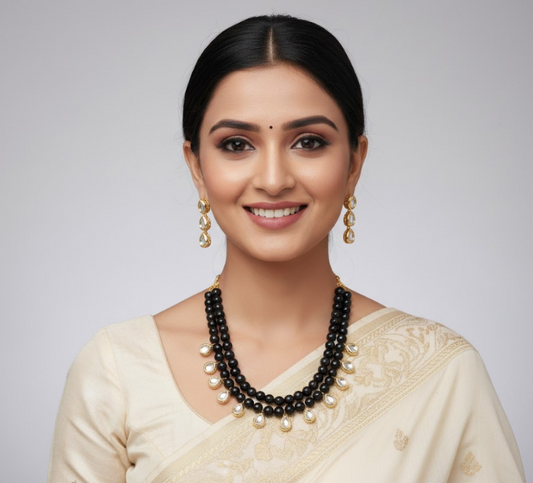 Black Polki Kundan Necklace With Earring