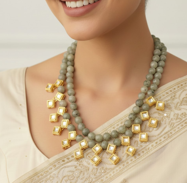 Kundan Gold Plated Grey Double String Necklace Set