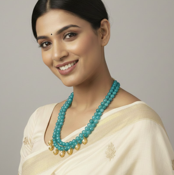 Aquamarine Stone Double String with Kundan Necklace Set