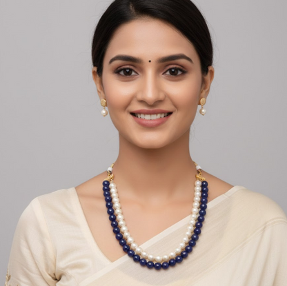 Blue & White Pearl String Necklace with Earring for Women