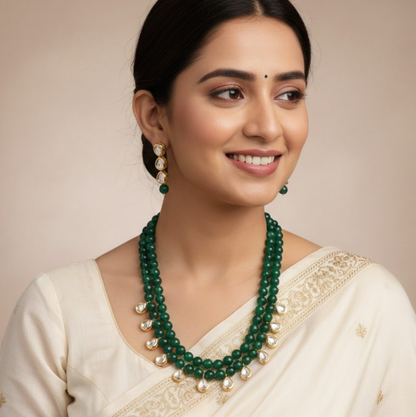 Emerald Double Line Drop Kundan Necklace Set
