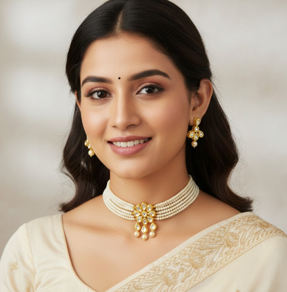 Five Layer Pearl String  with Kundan Choker Set