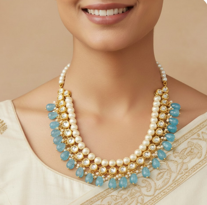 Kundan Pearl Aquamarine Drop Stone Necklace Set