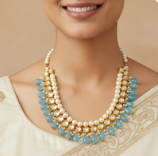 Kundan Pearl Aquamarine Drop Stone Necklace Set