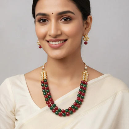 GREEN & RED STONE WITH KUNDAN DOUBLE STRING NECKLACE SET