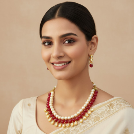OFF-WHITE PEARL RUBY STONE KUNDAN DOUBLE STRING NECKLACE WITH EARRING