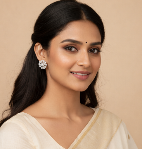 Silver Plated Flower Design A.D Earring