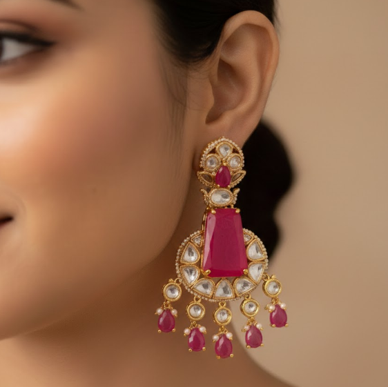 Gold Plated Ruby Moissanite Earring