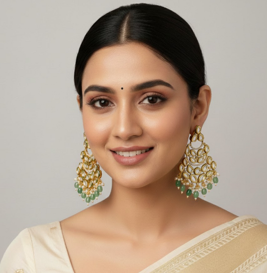 Green Beads Gold Plated Kundan Earring