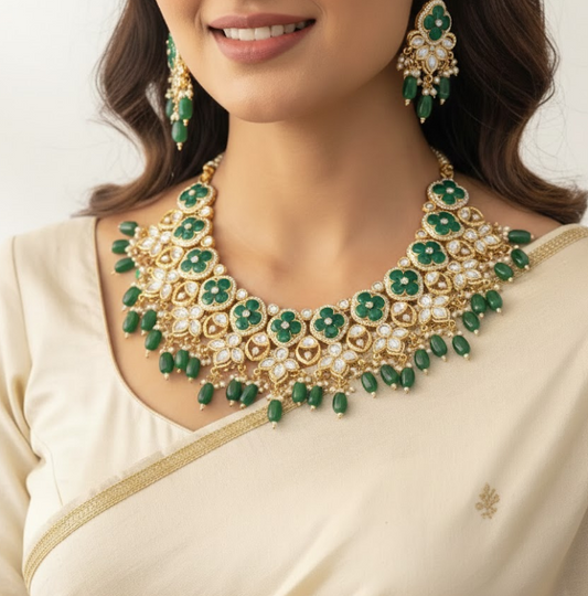 Green Kundan Moissanite Necklace Set