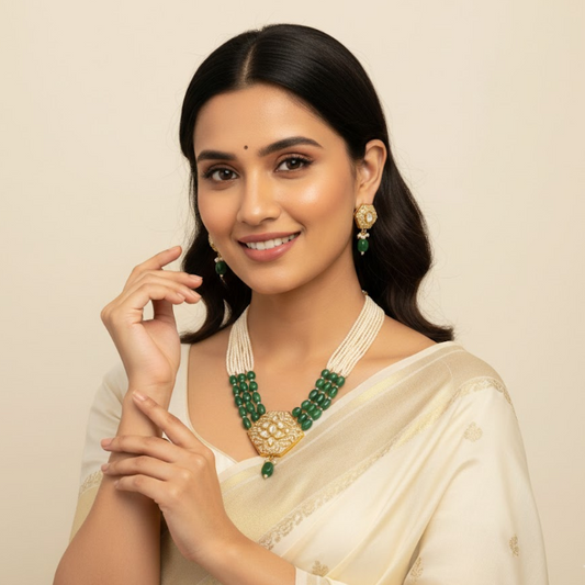 Green Moissanite White Beds Antique Necklace Set