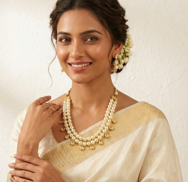 Off white pearl Golden Kundan Double Line Necklace Set