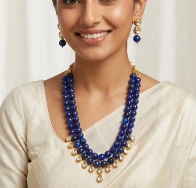 Blue Gold Kundan Double Line Necklace Set