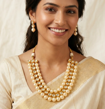 Off White Pearl Golden Kundan Double Line Choker Necklace Set