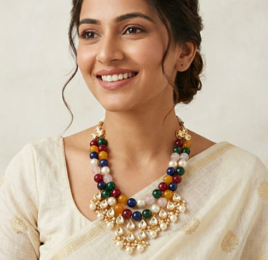 Polki Kundan With multi stone  Drop Necklace with earring