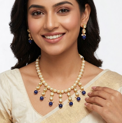 BLUE SAPPHIRE GOLD PLATED WITH PEARL POLKI NECKLACE SET