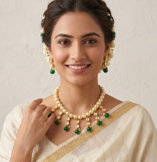 KUNDAN WHITE PEARL GOLD PLATED NECKLACE WITH EARRING
