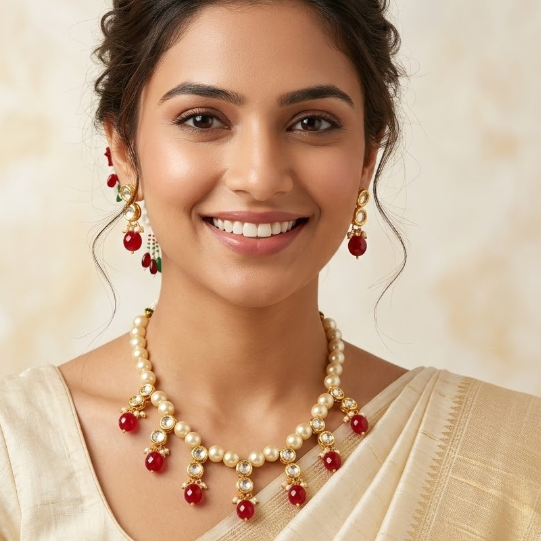 PEARL KUNDAN RUBY NECKLACE WITH EARRING LATEST DESIGN FOR  WOMEN