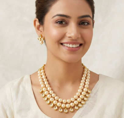 Pearl Kundan Drop Necklace Set