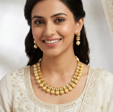 Polki Square WIth Off White Pearl Necklace Set