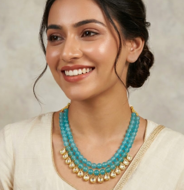 Aquamarine stone Double String with kundan Necklace