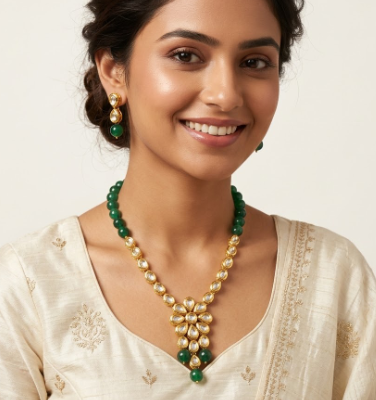 Kundan Emerald Floral Necklace With Earring latest Design