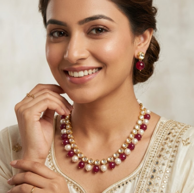 Pearl Red Stone Kundan Gold Plated Long Necklace Set