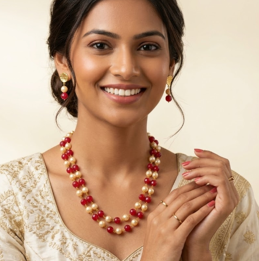 Ruby with off white pearl double Layer Necklace Set
