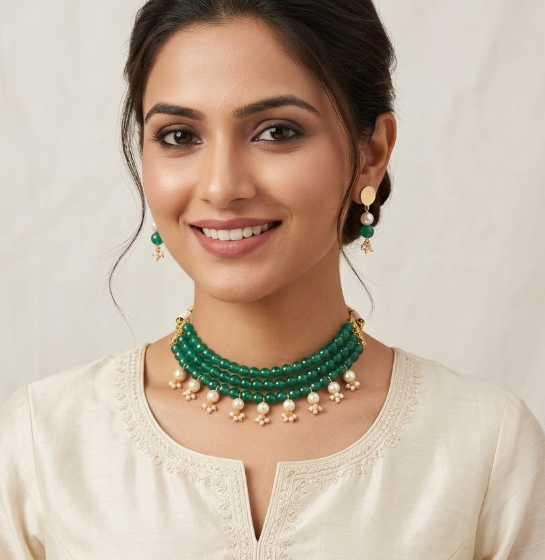 Emerald Triple Layer with pearl choker Necklace Set