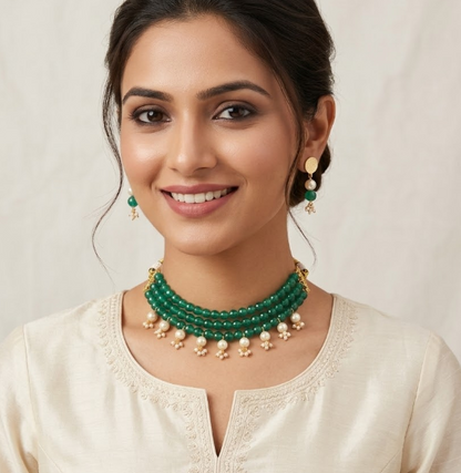 Emerald Triple Layer with pearl choker Necklace Set