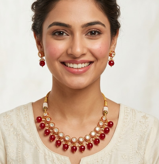Ruby Kundan Drop Stone Necklace Set